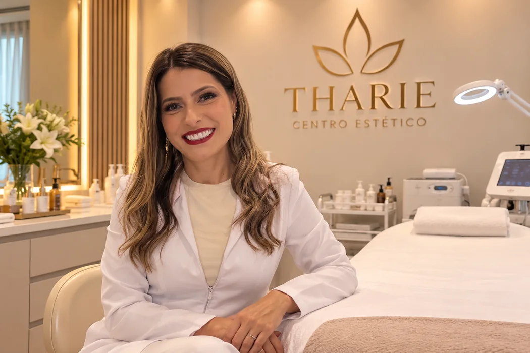 Mariane na sala de atendimento da Tharie Centro de Estética